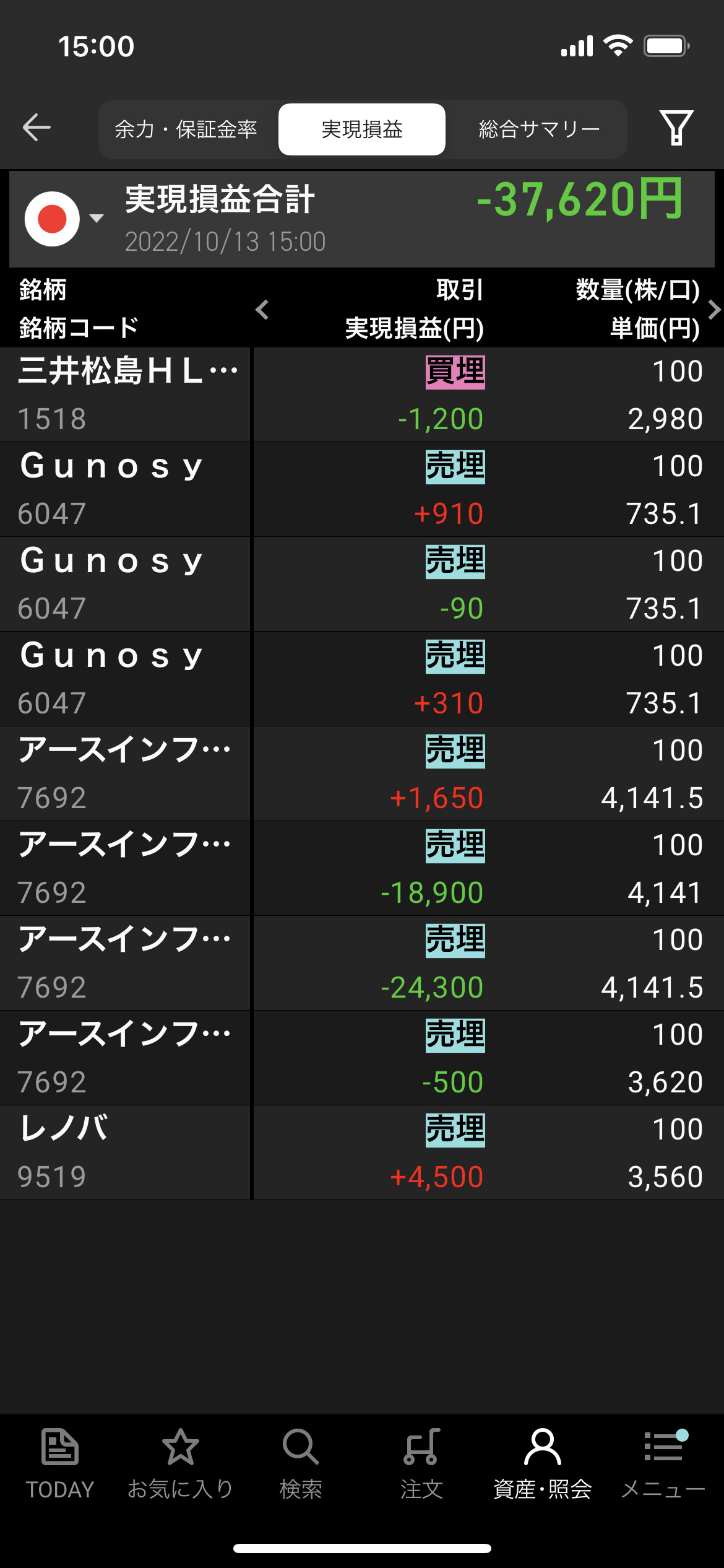 2022年10月13日木曜日デイトレ収支－37,620円　アースインフィニティ