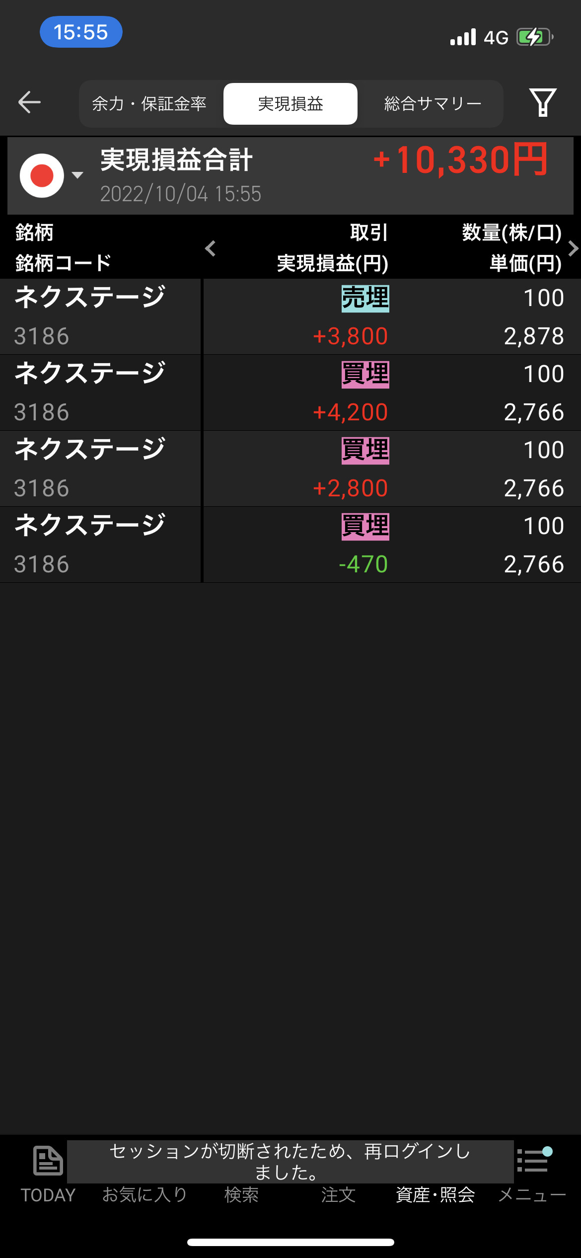 2022年10月4日火曜日デイトレ収支＋10,330円　アメ株大リバ