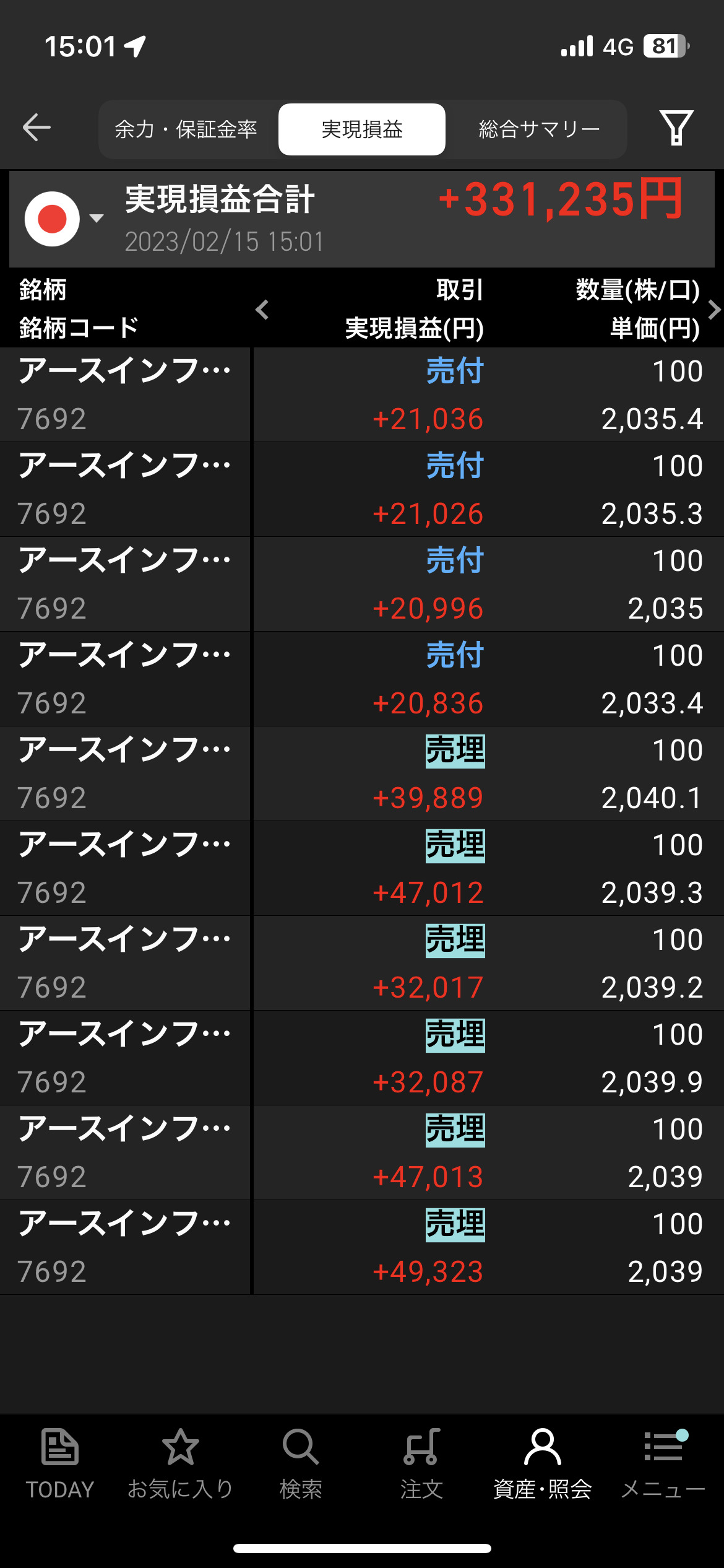 2023年2月15日水曜トレード日記＋331,235円アースインフィニティ利確